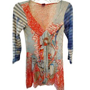 Save the Queen Size Large Mini Dress, Abstract Print, Blue Orange Deep V Neck